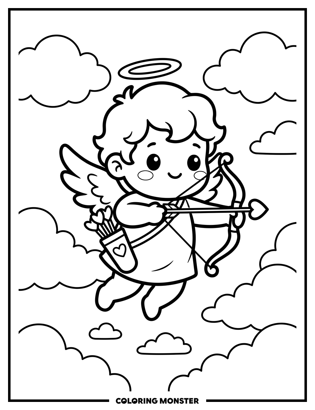 Kawaii Cupid with Heart Arrows Coloring Page