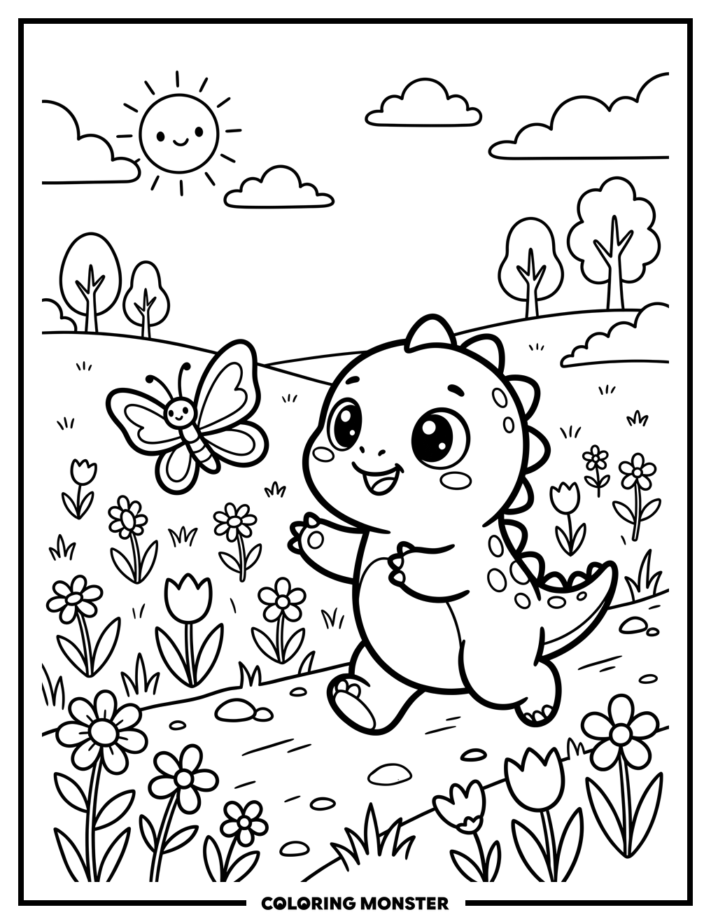 Kawaii Dinosaur Chasing Butterfly Coloring Page