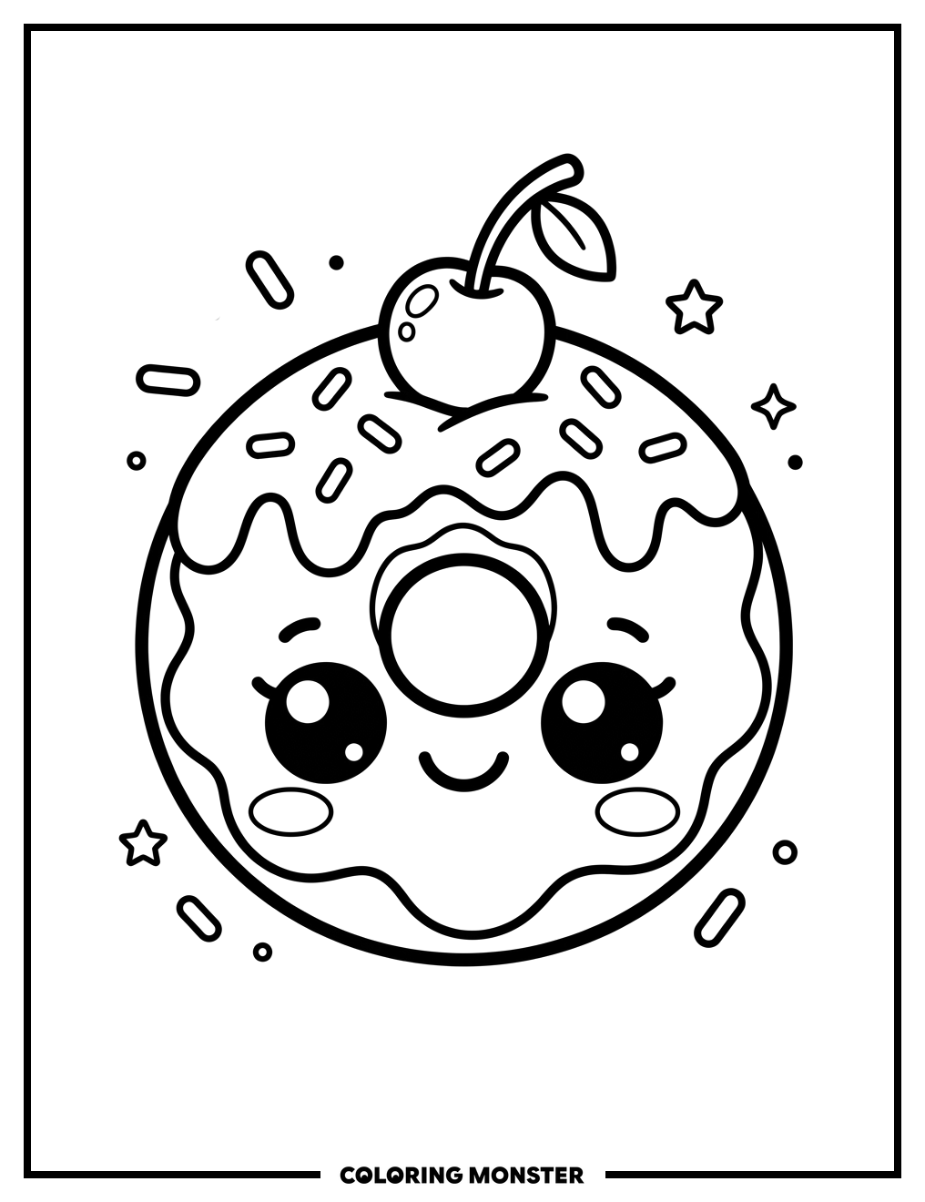 Kawaii Donut with Cherry and Sprinkles Coloring Page