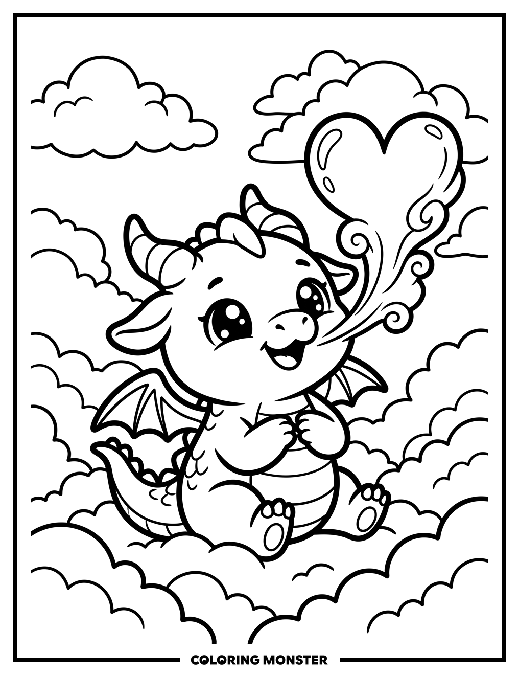 Kawaii Dragon With Heart Cloud Coloring Page