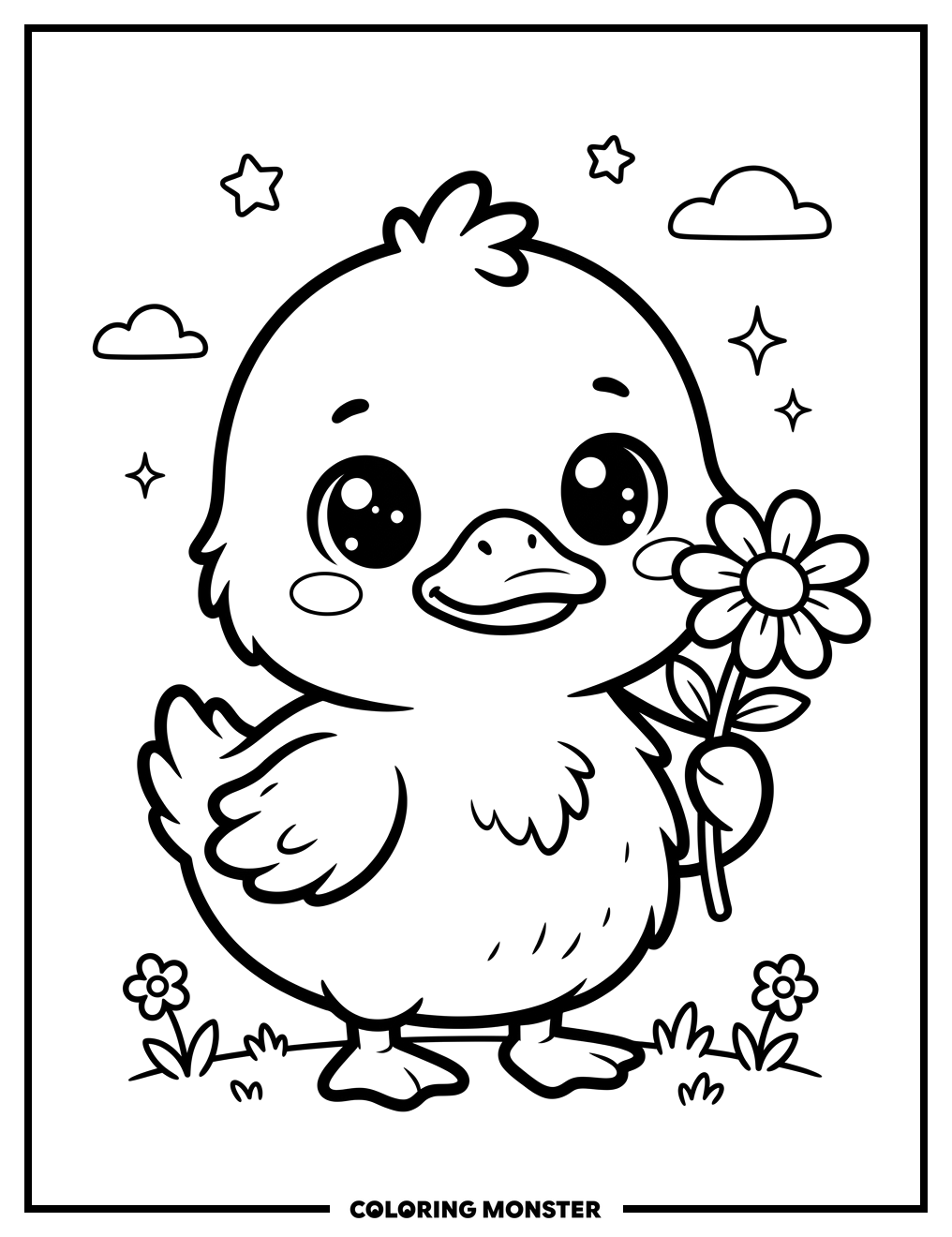 Kawaii Duckling With Flower Coloring Page