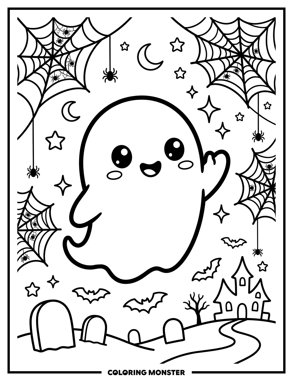 Kawaii Ghost Waving Hello Coloring Page