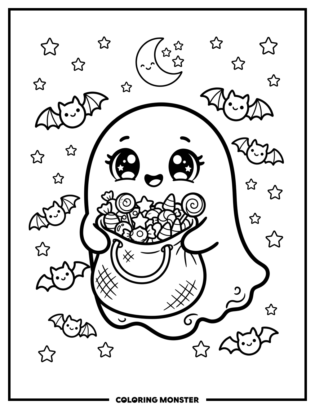 Kawaii Ghost With Candy Bag Coloring Page