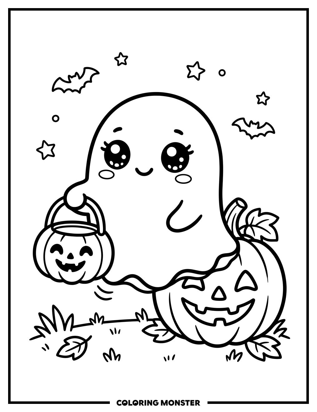 Kawaii Ghost With Candy Bucket Coloring Page