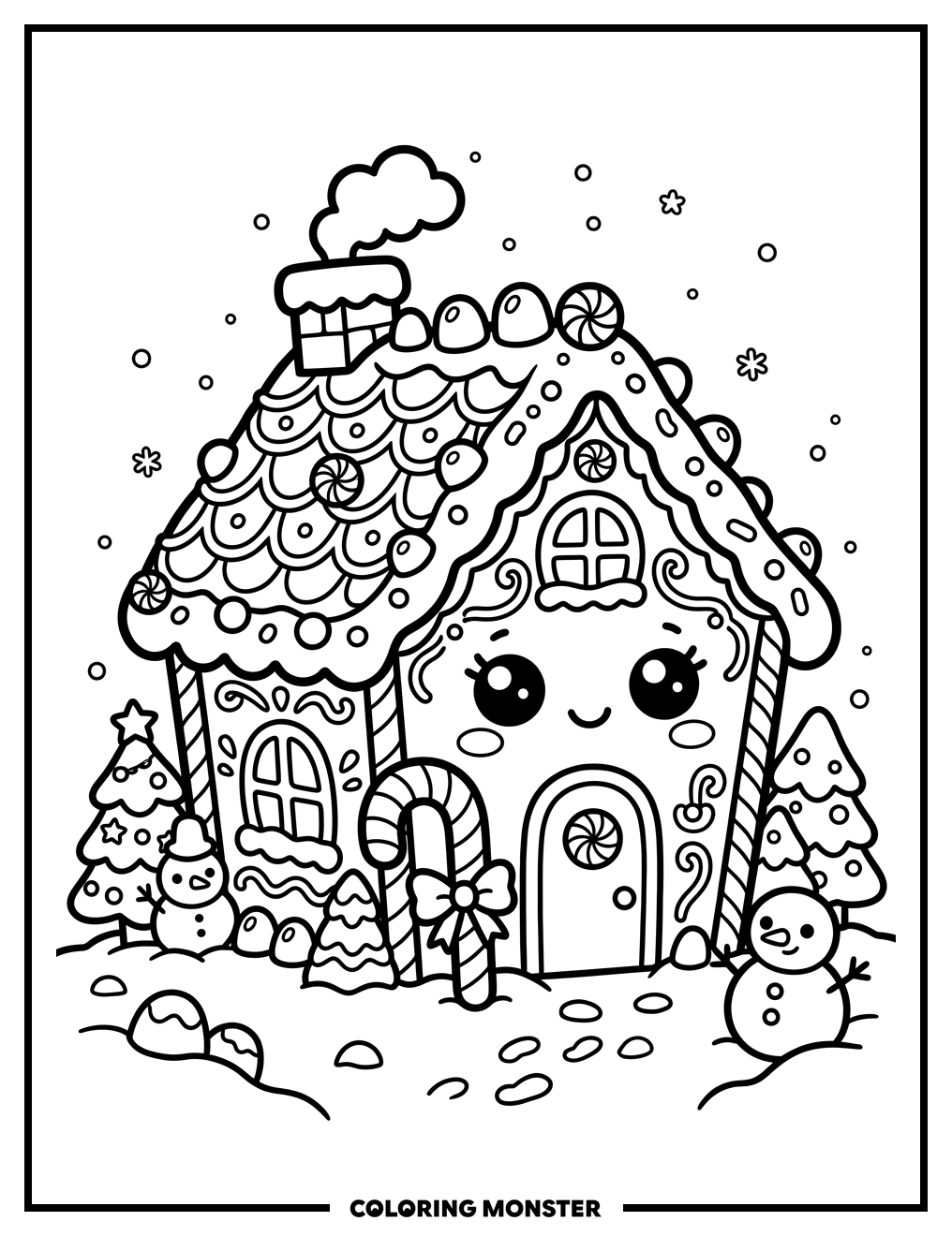 Kawaii Gingerbread House in Snow Coloring Page