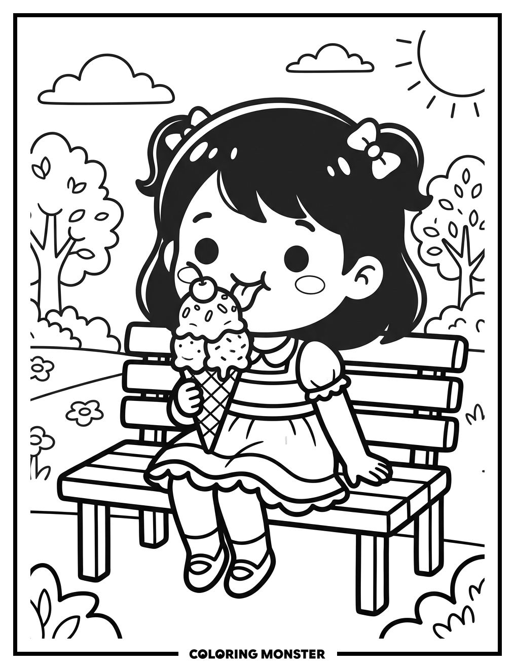 Kawaii Girl Enjoying Ice Cream Coloring Page