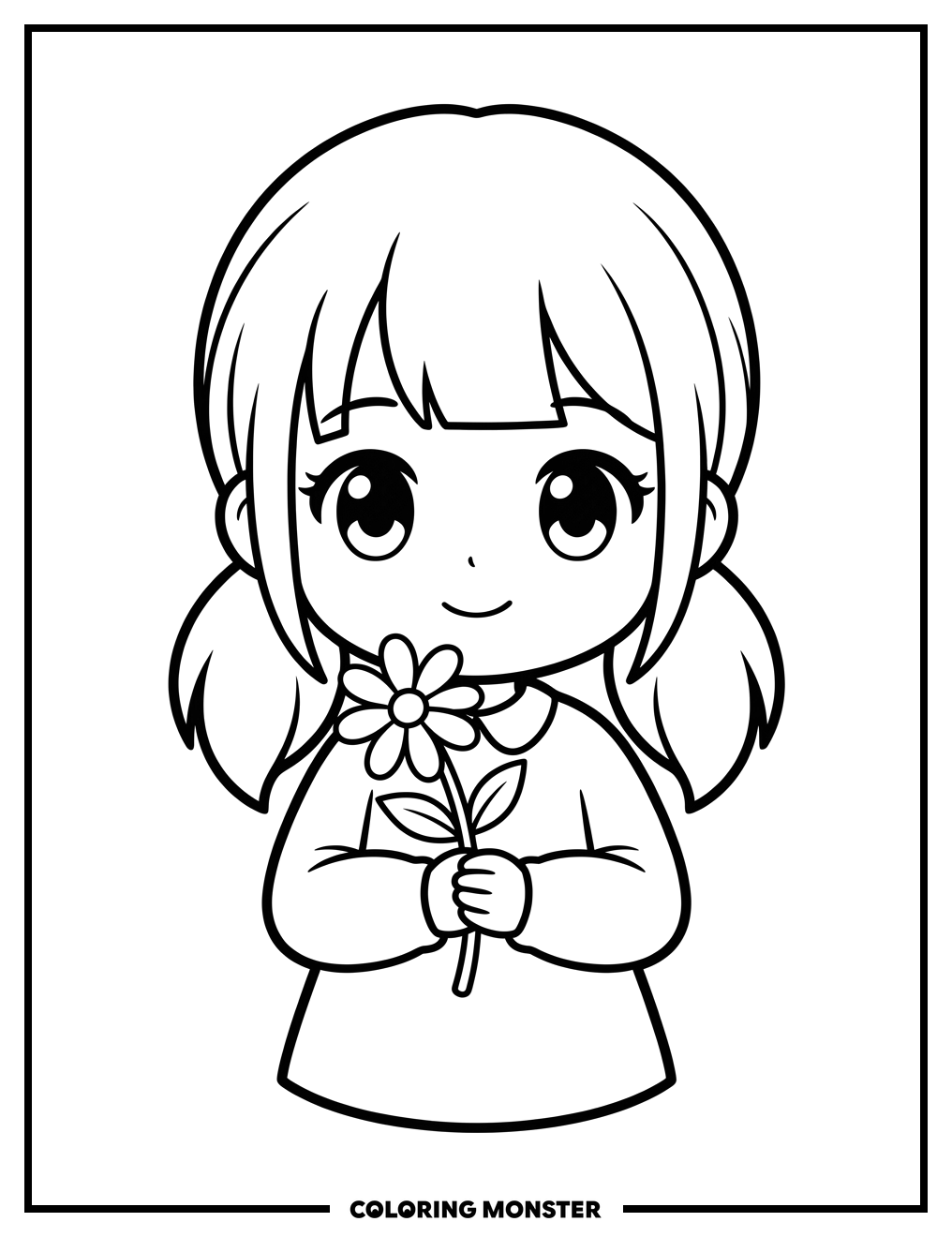 Kawaii Girl Holding Daisy Coloring Page