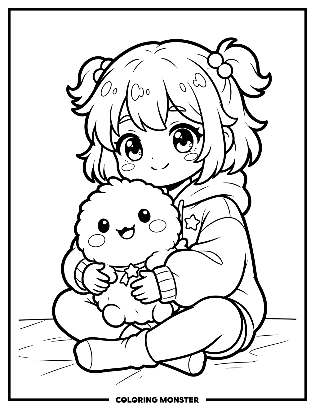Kawaii Girl Hugs Plush Toy Coloring Page