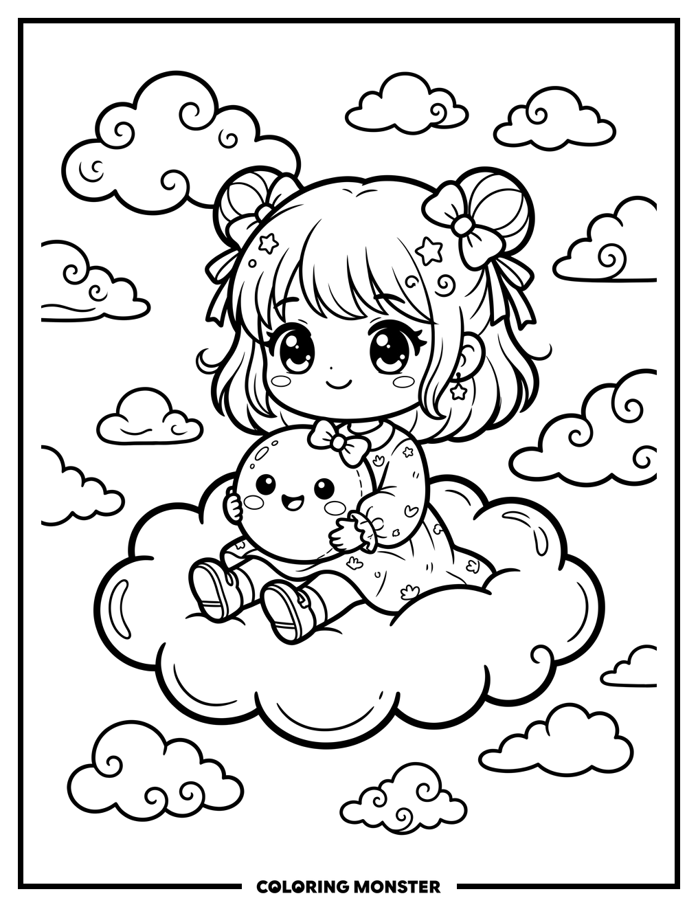 Kawaii Girl on Cloud Coloring Page
