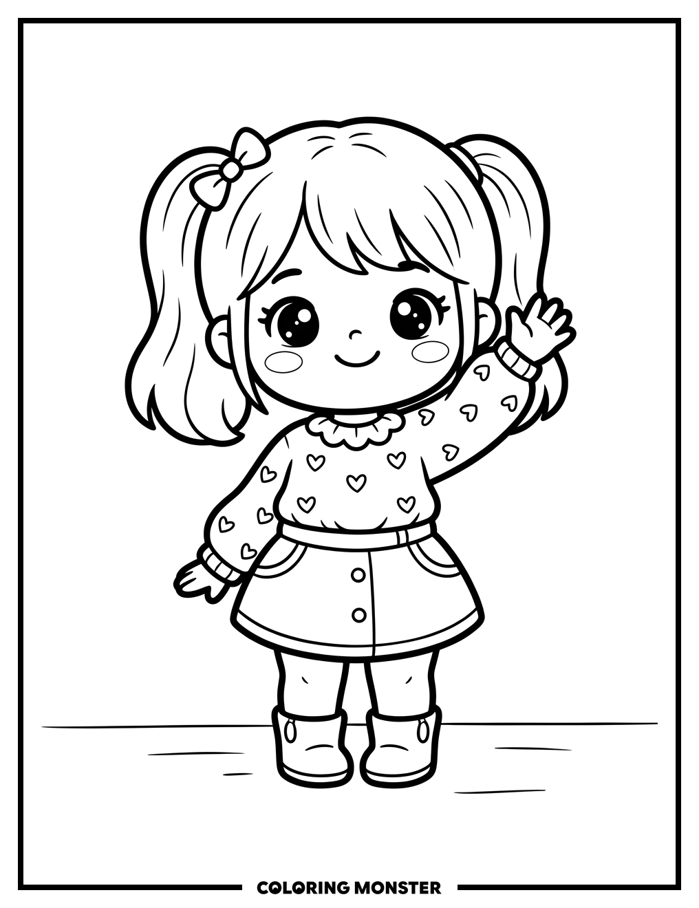 Kawaii Girl Waving Hello Coloring Page