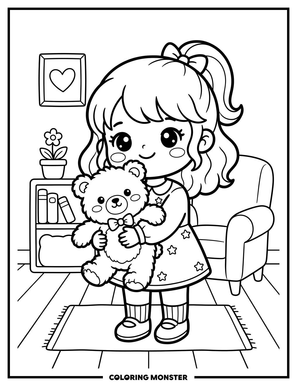 Kawaii Girl With Teddy Bear Coloring Page