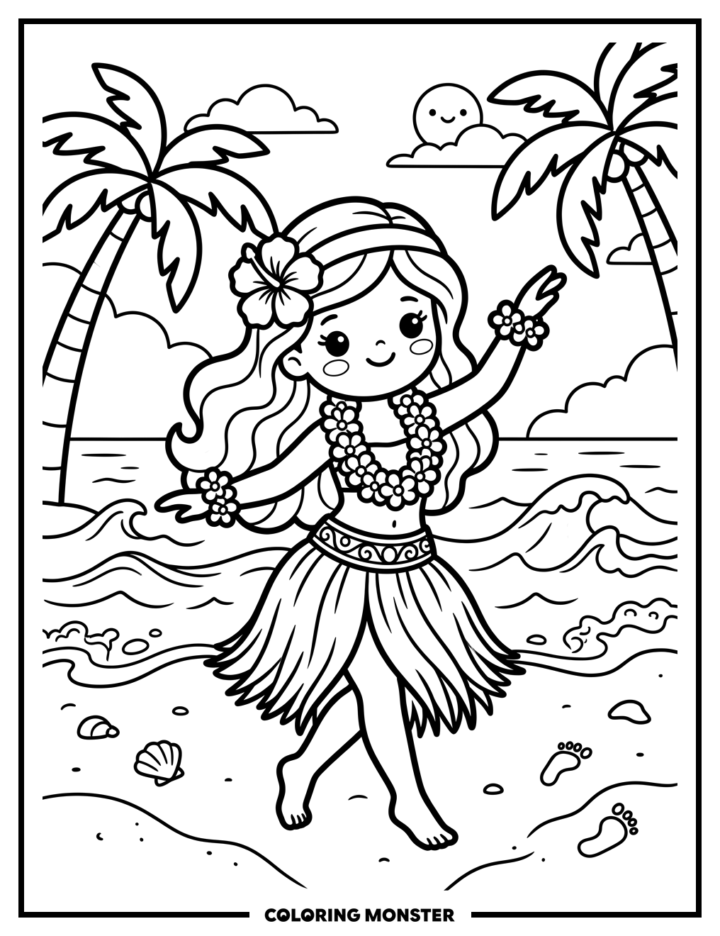 Kawaii Hula Girl on Beach Coloring Page