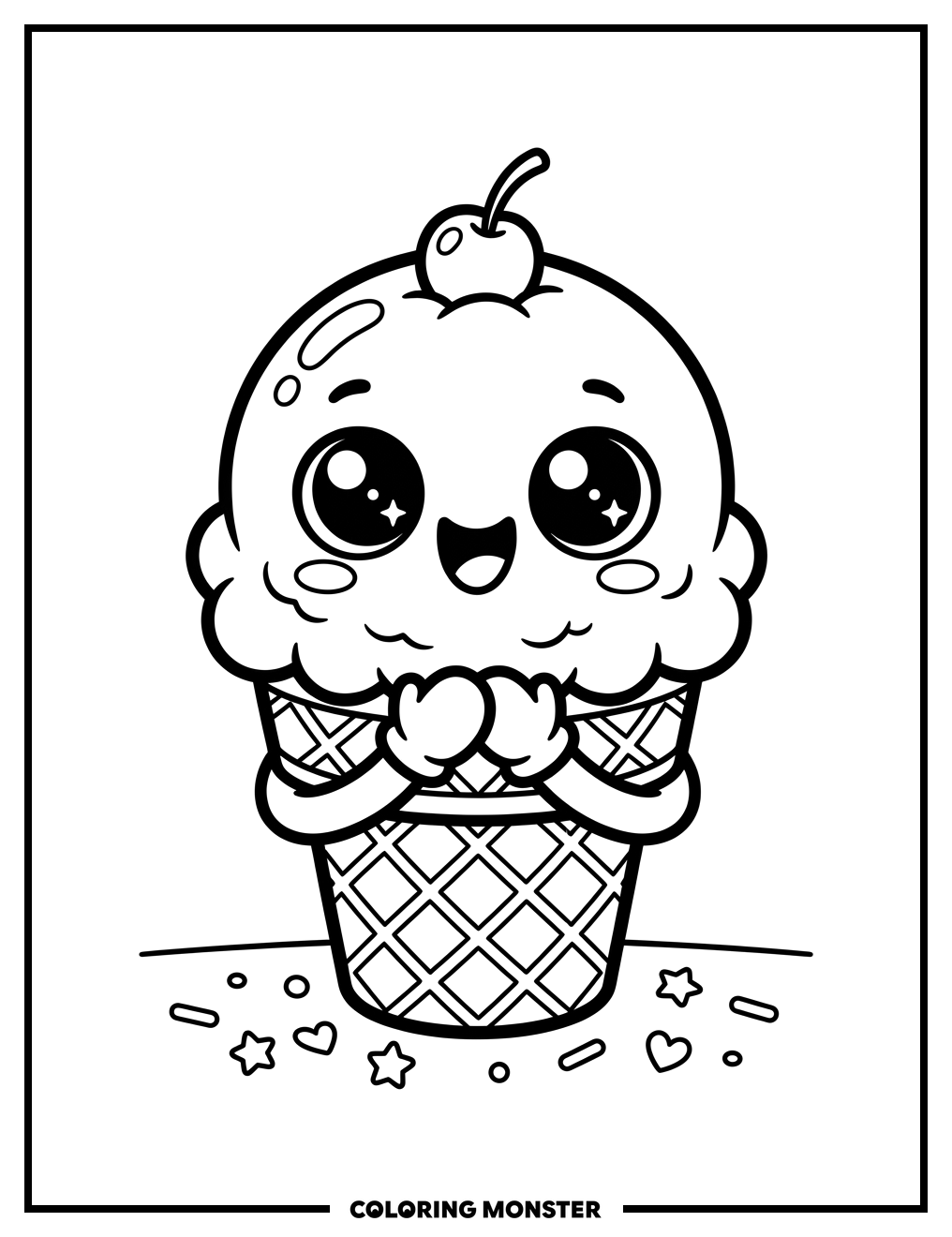 Kawaii Ice Cream Cone Coloring Page