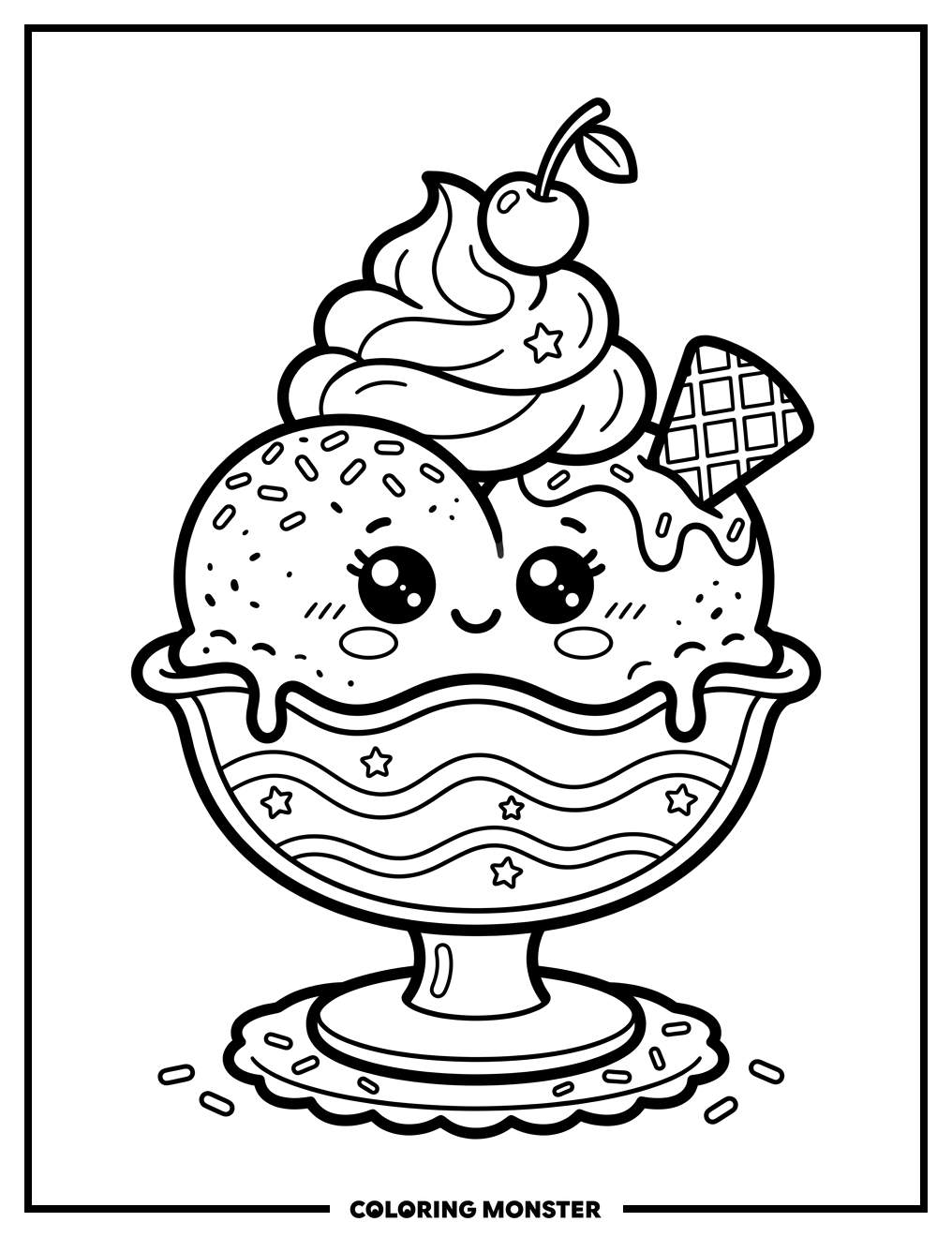 Kawaii Ice Cream Sundae Coloring Page