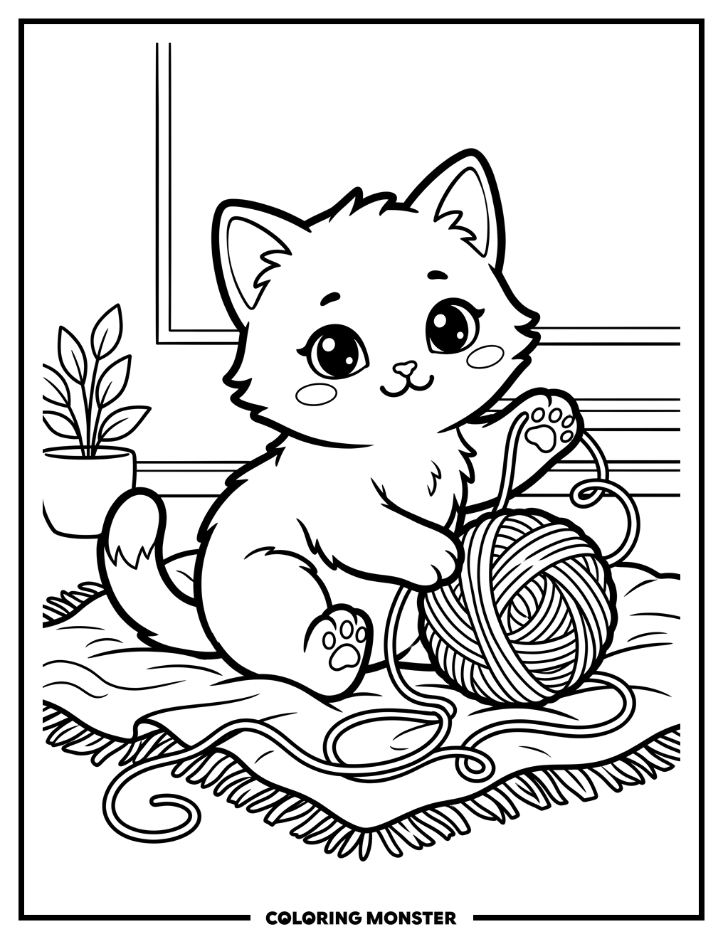 Kawaii Kitten Playing With Yarn Coloring Page