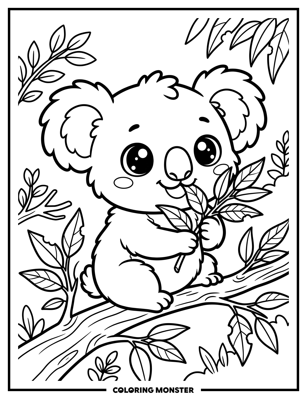 Kawaii Koala Eating Eucalyptus Coloring Page