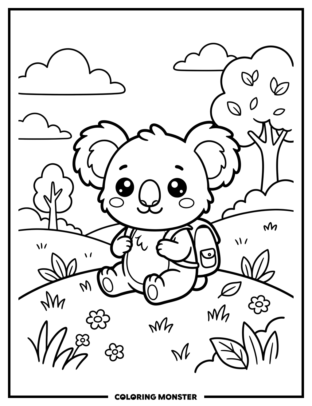 Kawaii Koala Sitting on a Grassy Hill Coloring Page