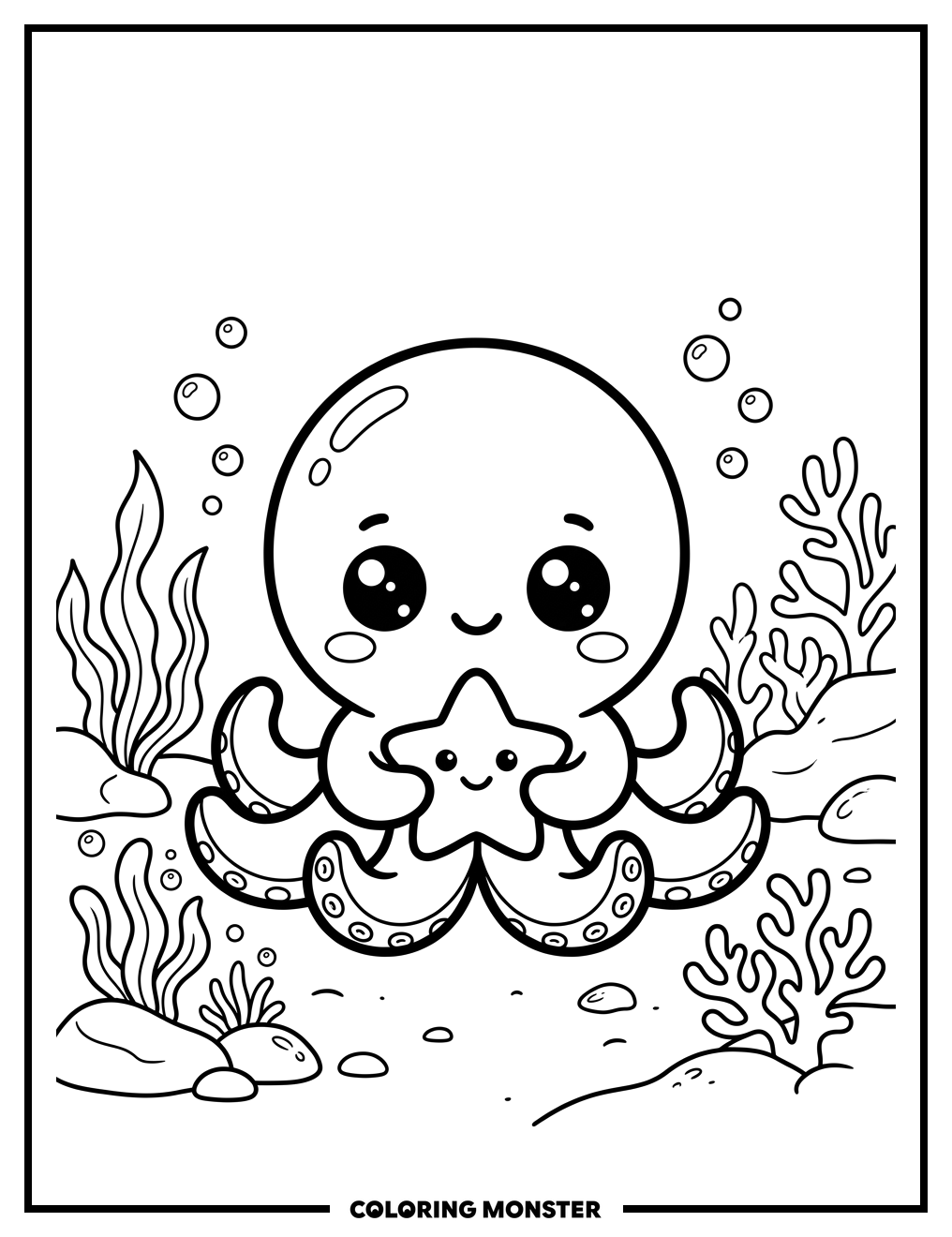 Kawaii Octopus Hugs Starfish Coloring Page
