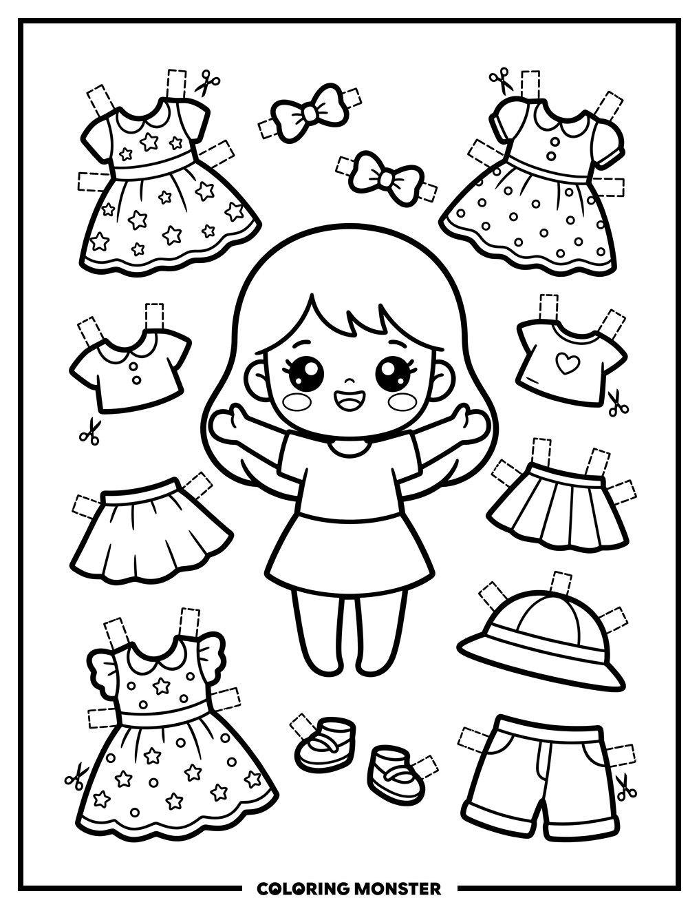 Kawaii Paper Doll With Clothes Coloring Page