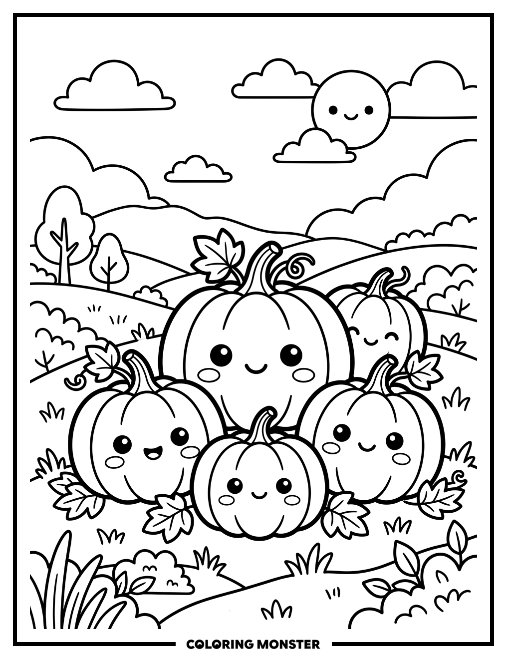 Kawaii Pumpkins in a Field Coloring Page