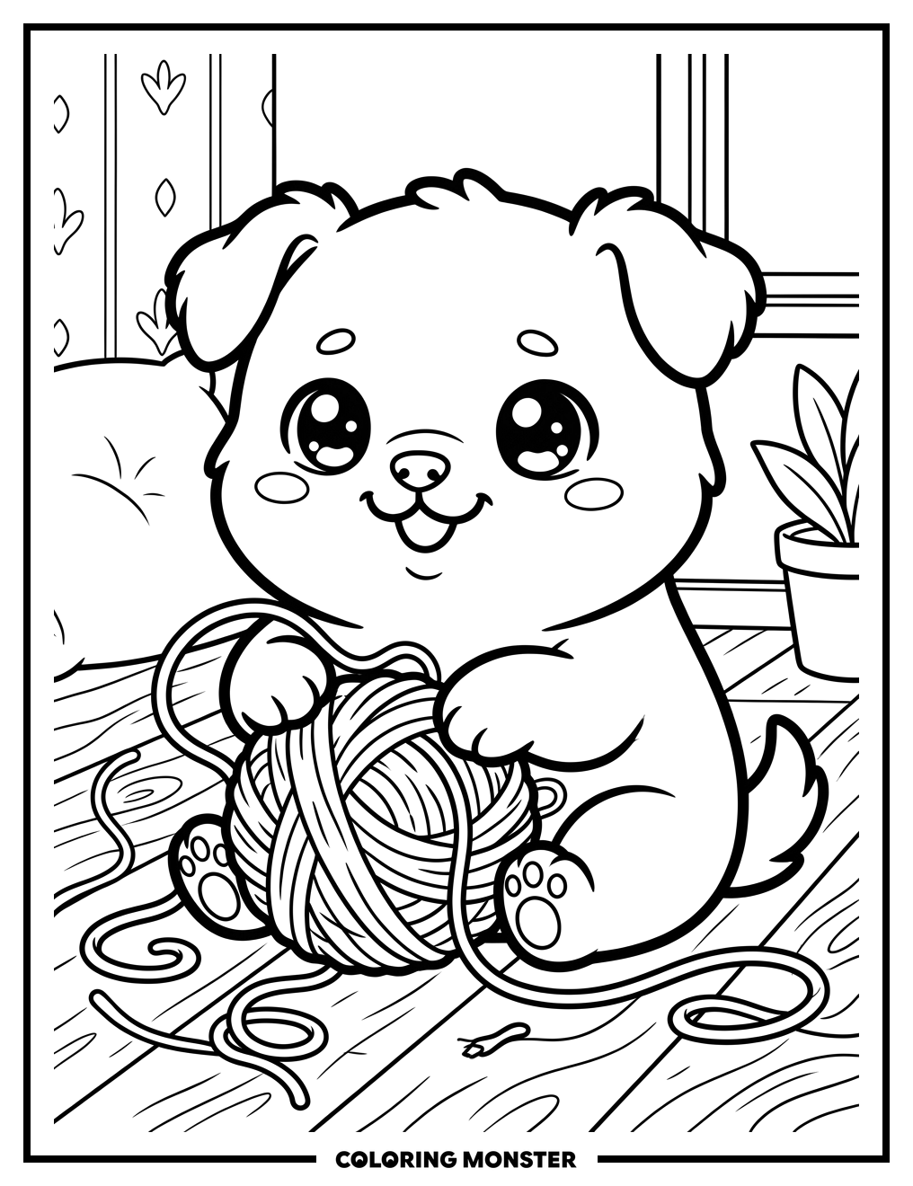Kawaii Puppy Playing With Yarn Coloring Page