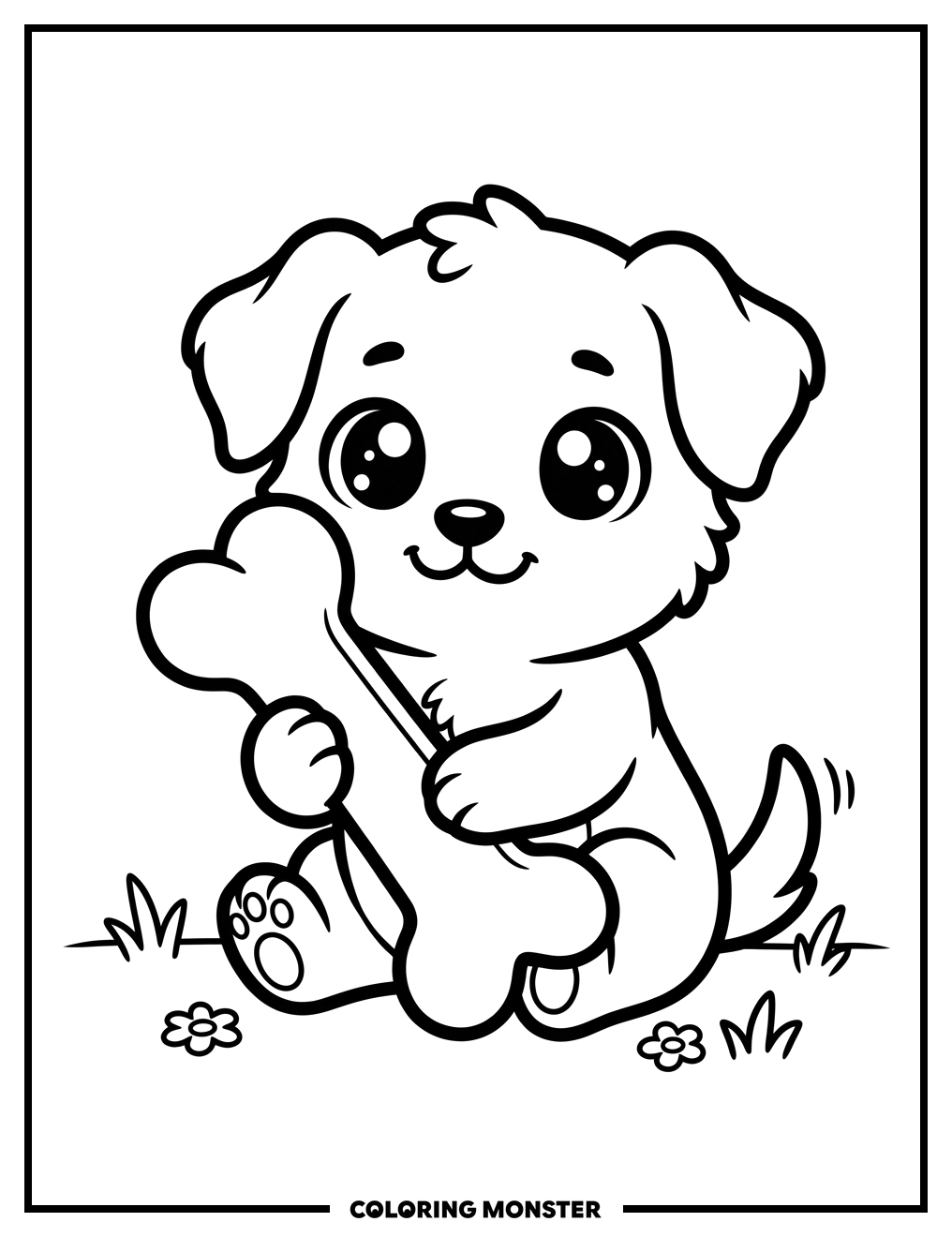 Kawaii Puppy With Bone Coloring Page