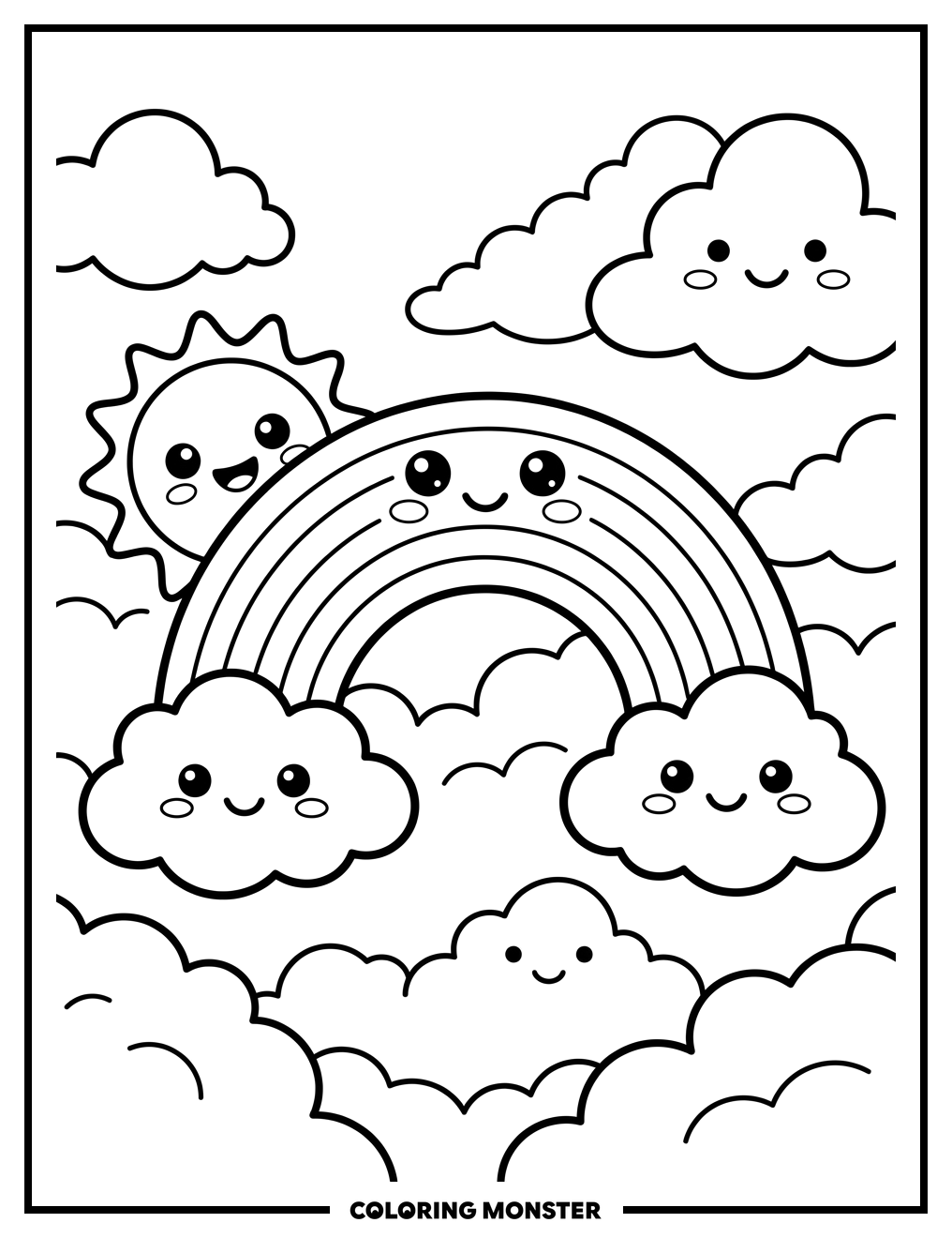 Kawaii Rainbow and Sun Over Clouds Coloring Page