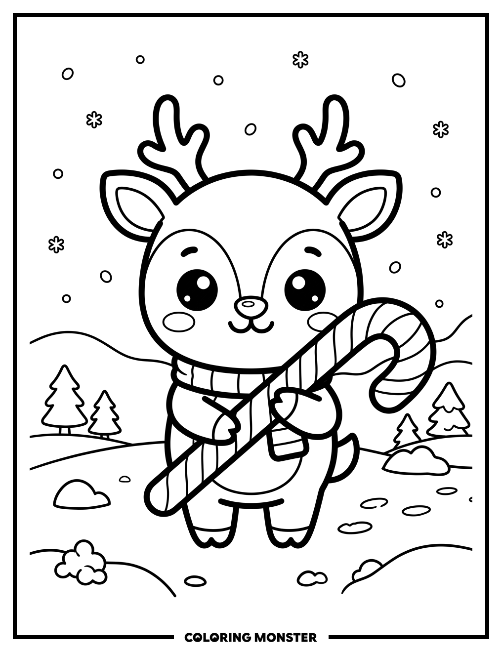 Kawaii Reindeer With Candy Cane Coloring Page