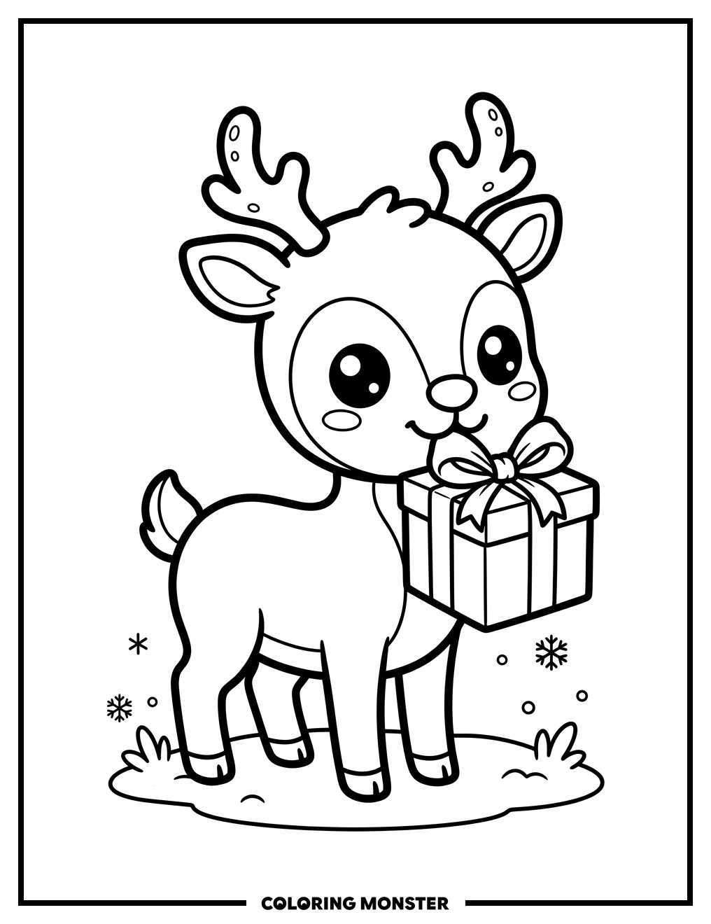 Kawaii Reindeer With Gift Coloring Page