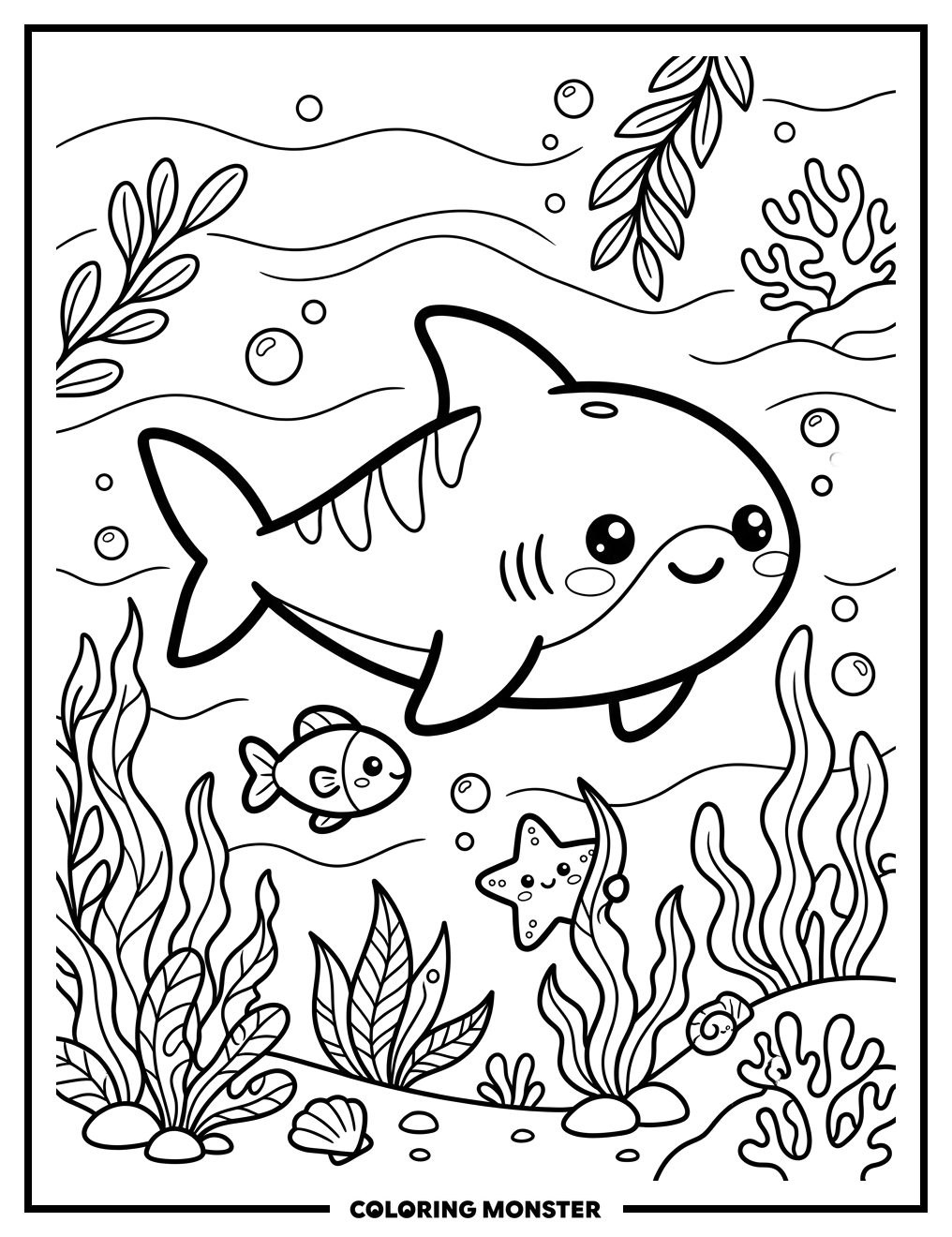 Kawaii Shark and Friends Coloring Page