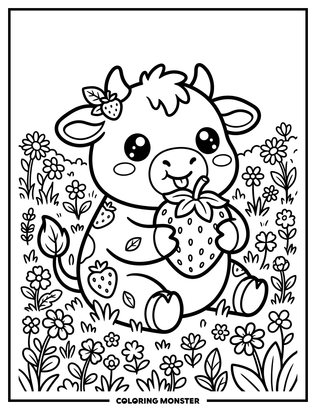 Kawaii Strawberry Cow Eating Giant Strawberry Coloring Page