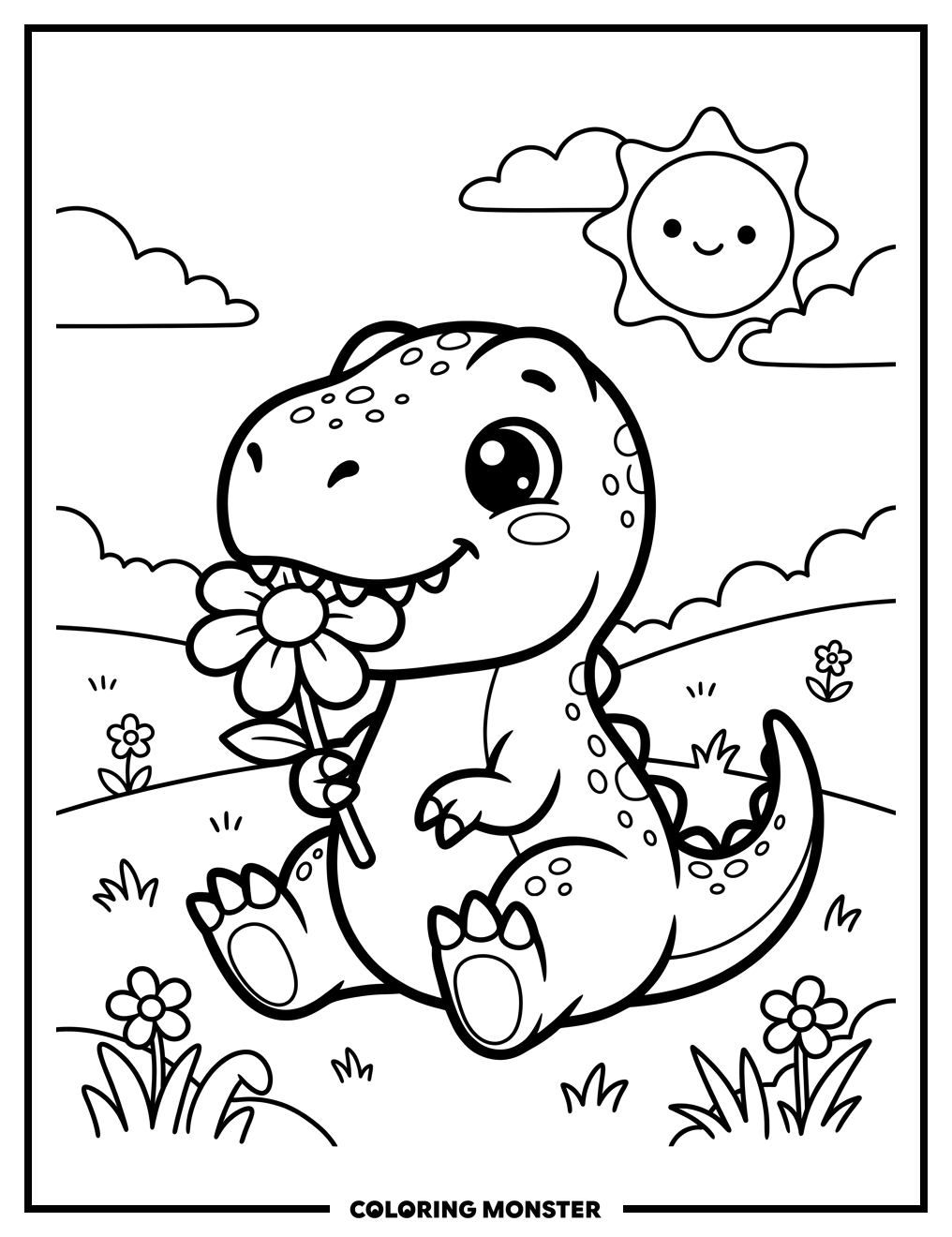 Kawaii T-Rex Eating a Flower Coloring Page
