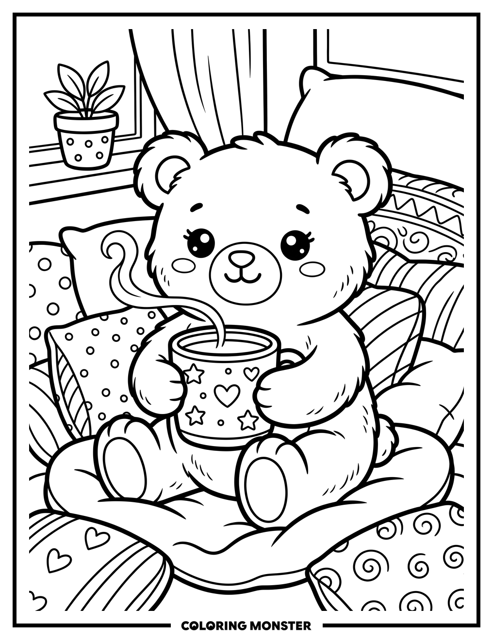 Kawaii Teddy Bear With Mug Coloring Page