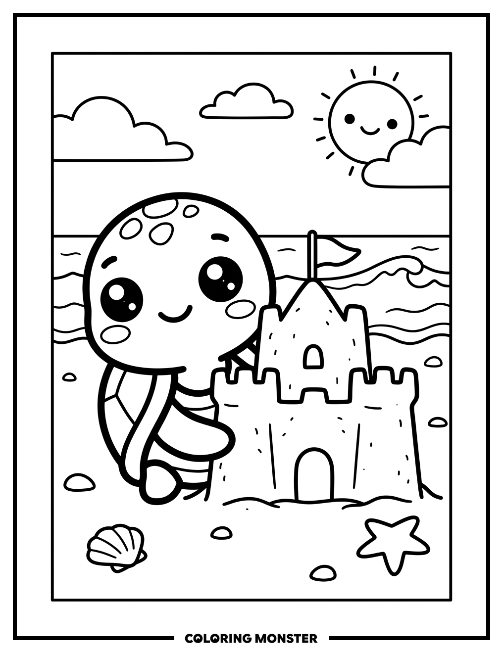 Kawaii Turtle and Sandcastle Coloring Page