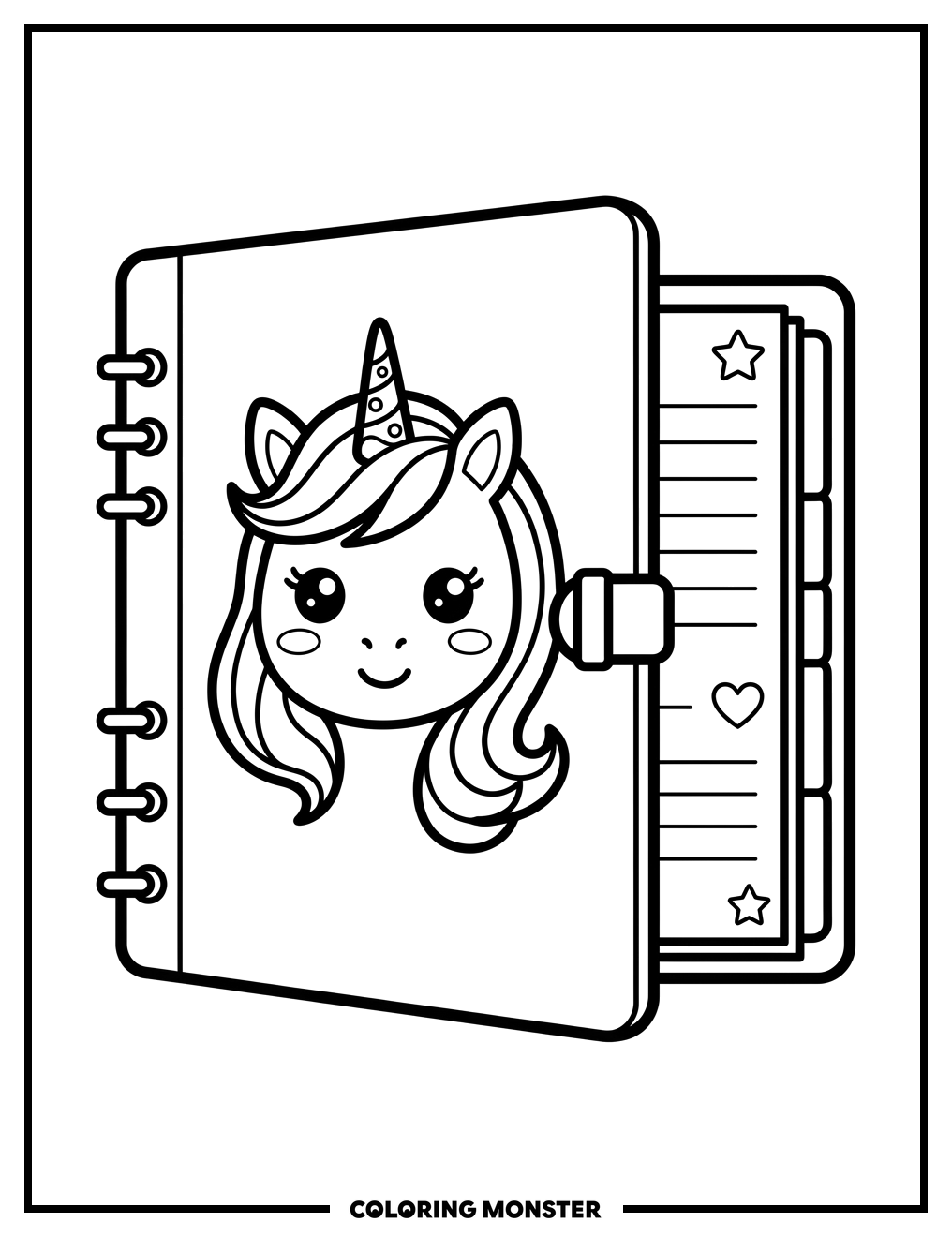 Kawaii Unicorn Binder Open Coloring Page