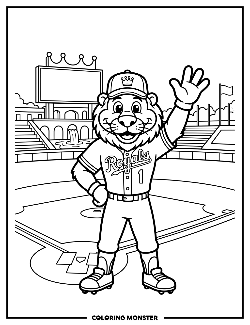 KC Mascot Waving on Baseball Field Coloring Page