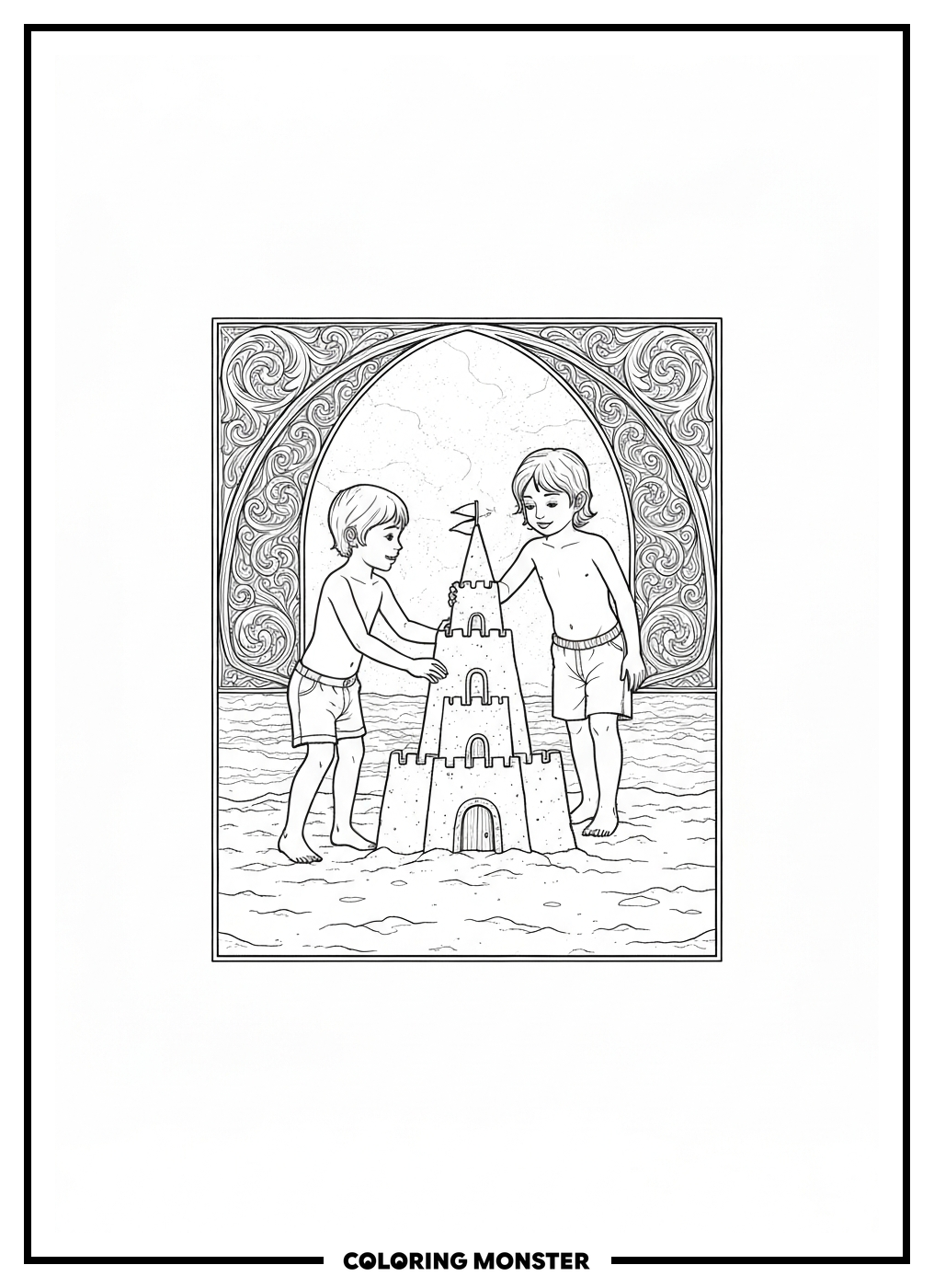 Kids Building A Sandcastle On The Beach Coloring Page