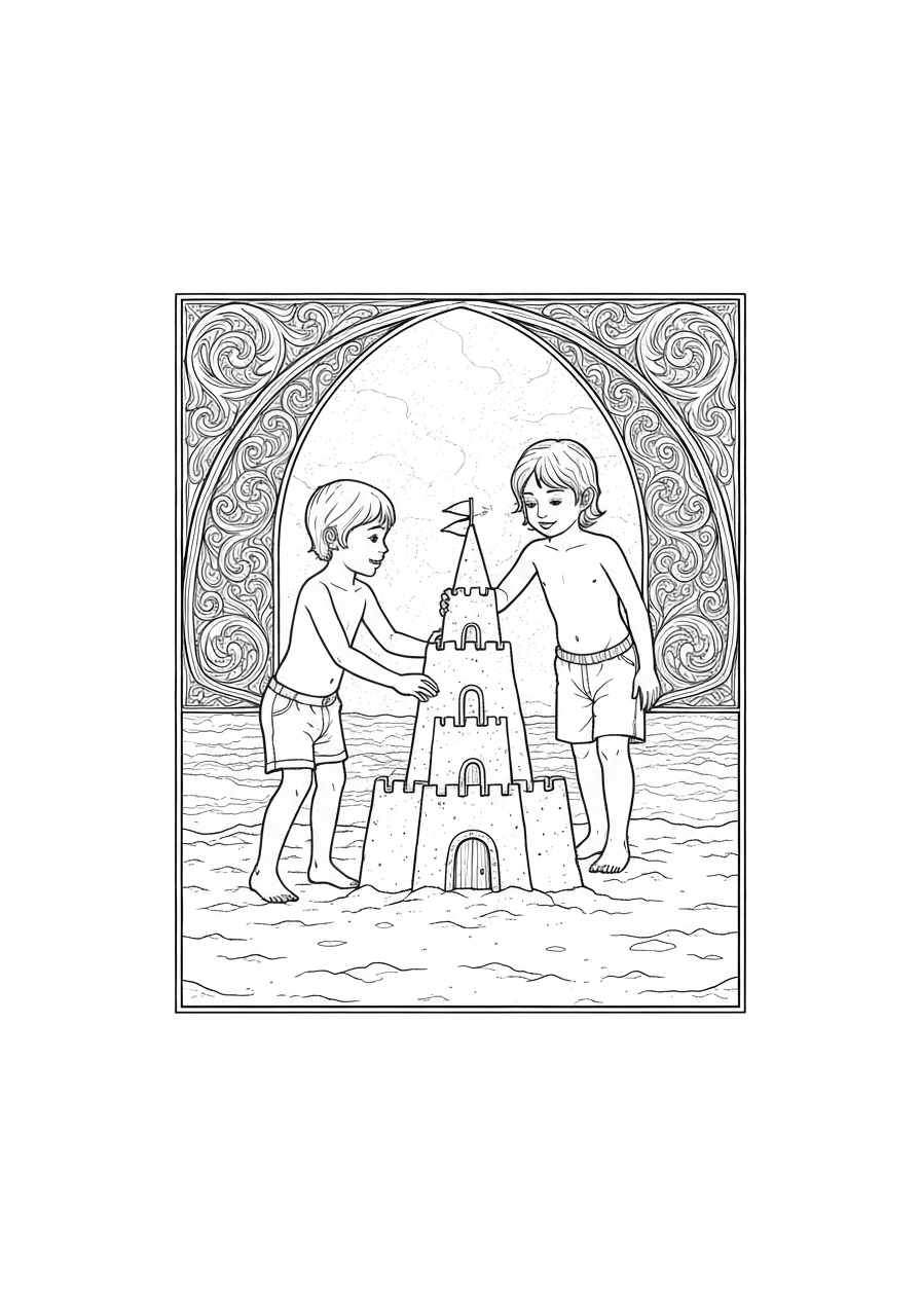 Kids Building A Sandcastle On The Beach