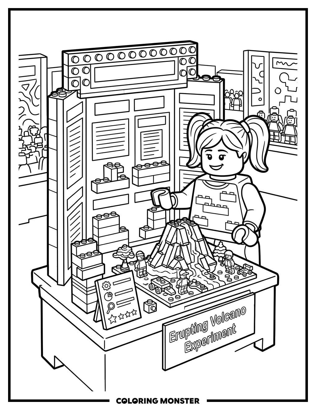 Kids Building Lego Volcano Coloring Page
