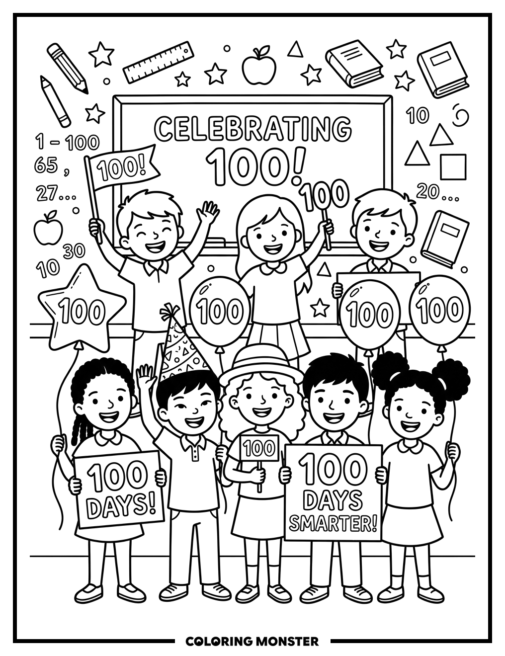 Kids Celebrate 100 Days of School Coloring Page