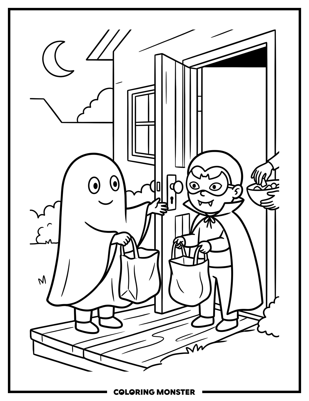 Kids Trick-or-Treating Coloring Page