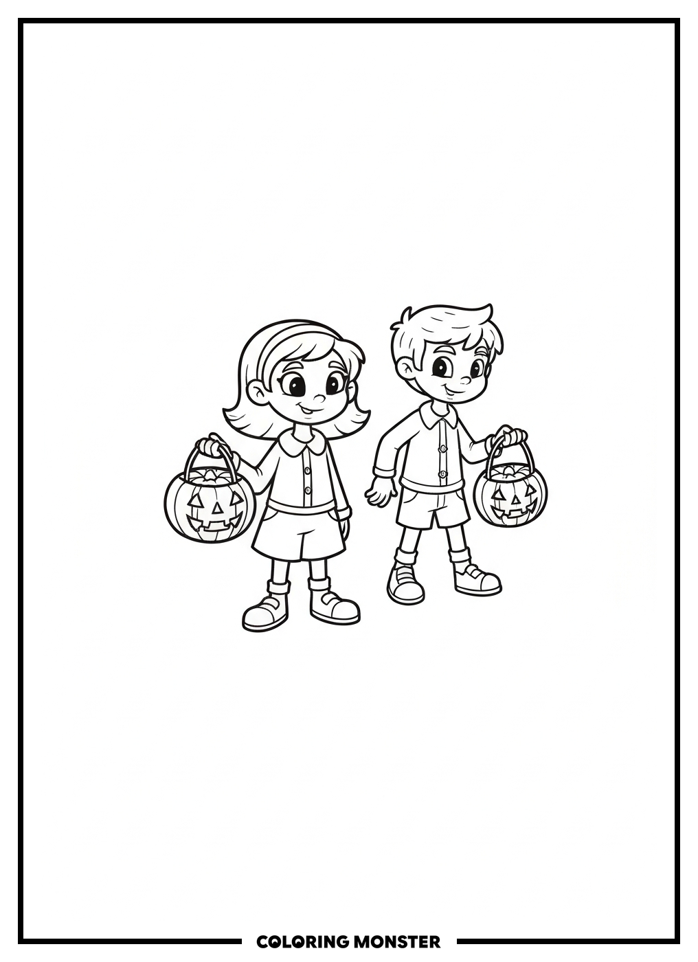 Kids Trick Or Treating On Halloween Coloring Page