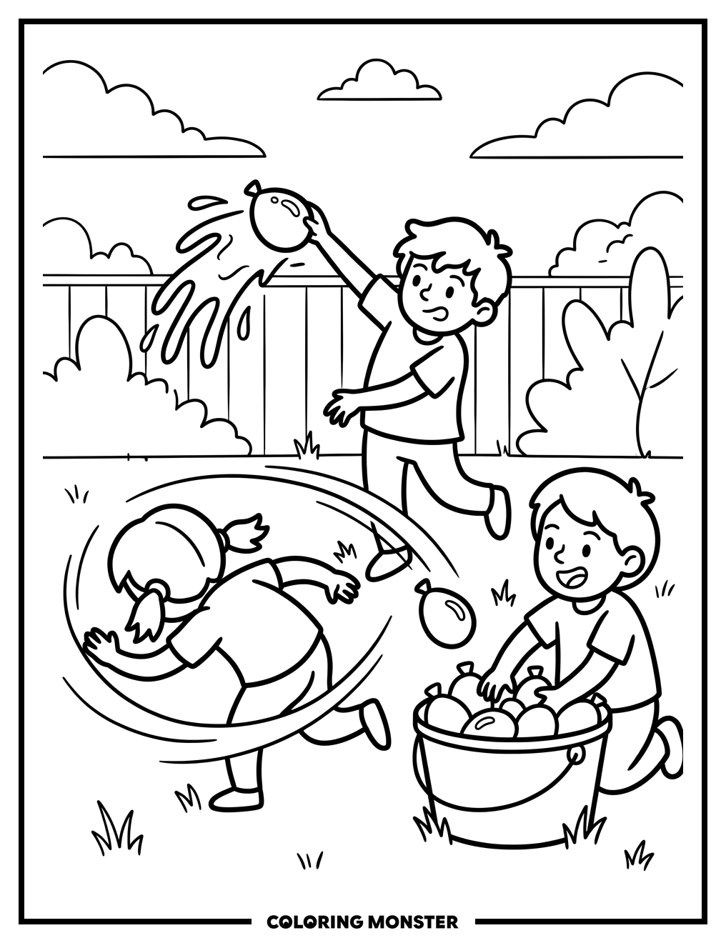 Kids Water Balloon Fight Coloring Page