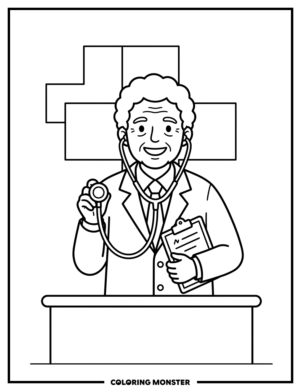 Kind Doctor with Stethoscope Coloring Page