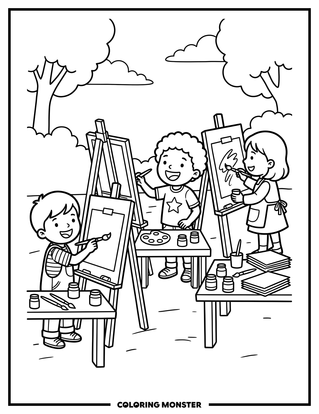 Kindergarten Children Painting at Easels Coloring Page