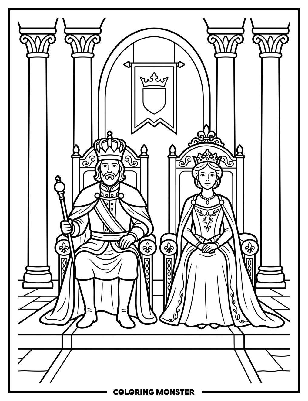 King And Queen On Ornate Thrones Coloring Page