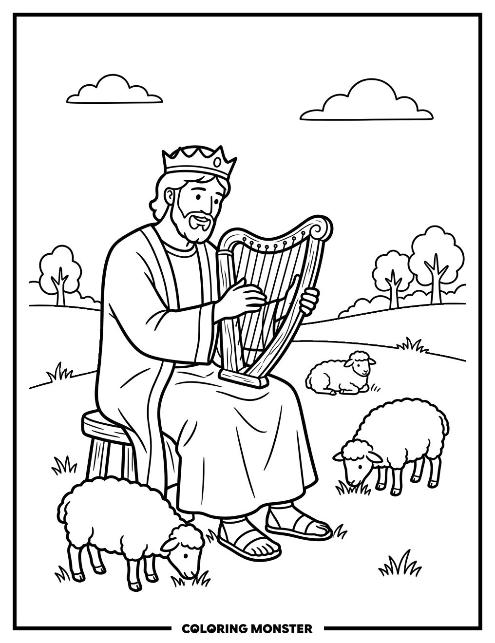 King David Playing Harp With Sheep Coloring Page