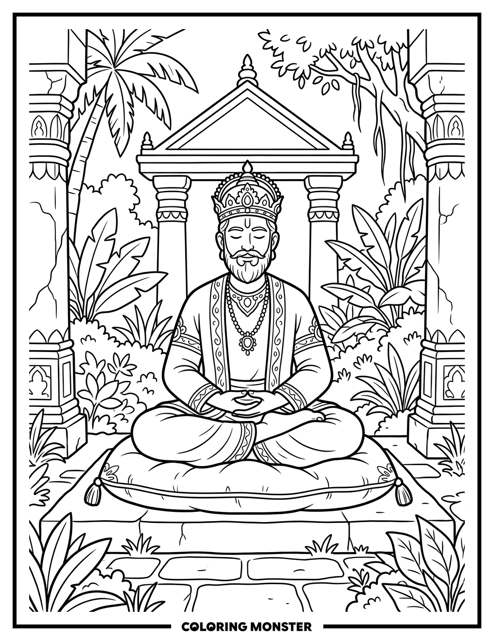 King Meditating in Temple Garden Coloring Page
