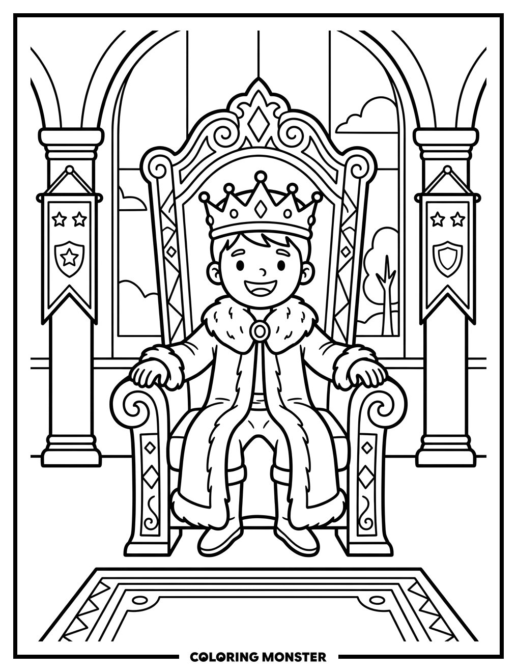 King Sitting on Ornate Throne Coloring Page