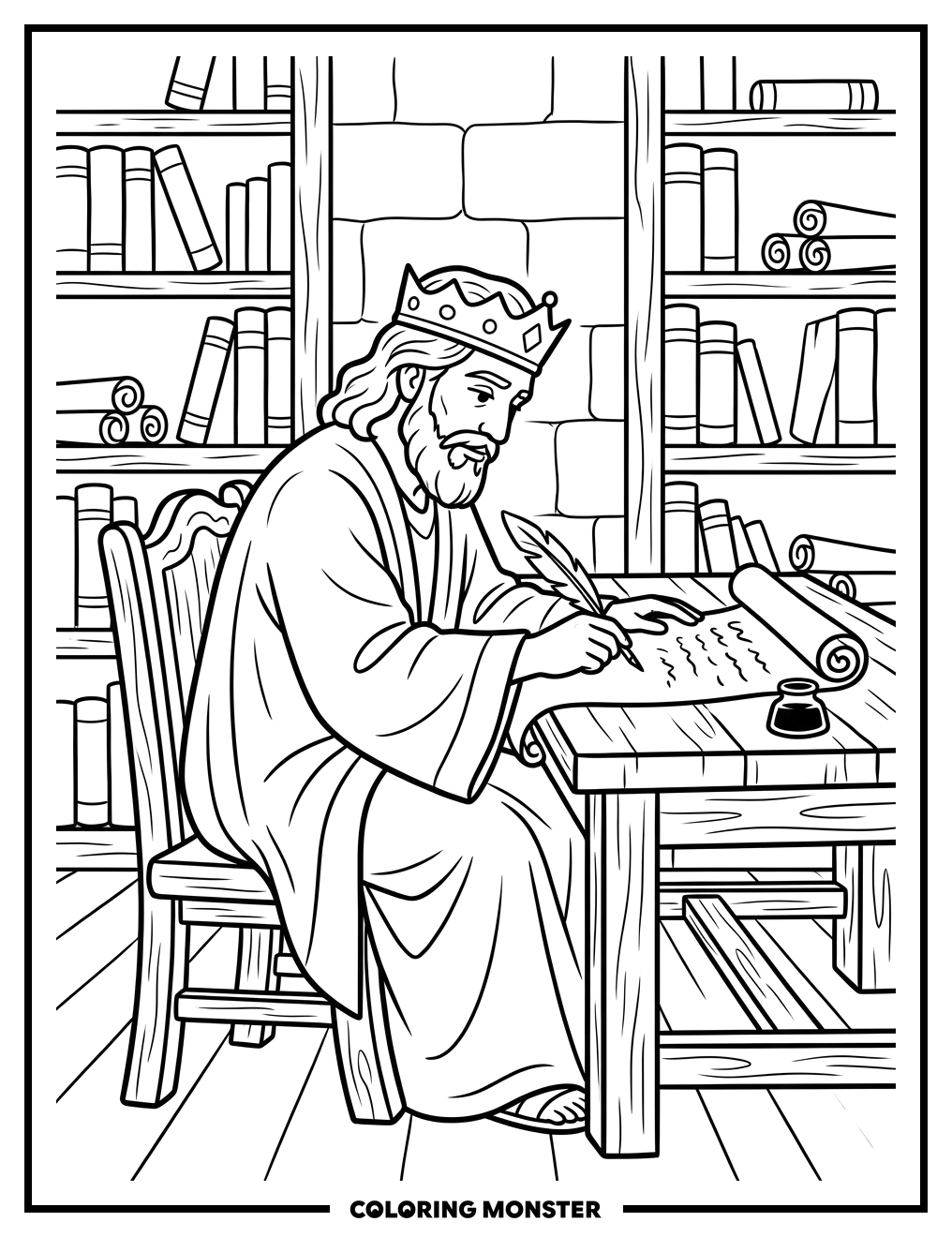King Writing at His Desk Coloring Page